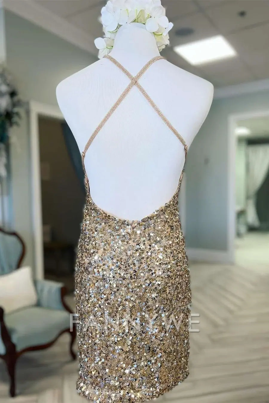FannyWe Simple Gold Sequin V-Neck Cross-Back Short Homecoming Dress formal wear dresses
